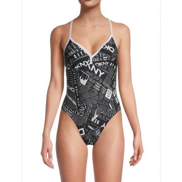 NWT DKNY Newsprint Graphic T-Back One-Piece Swimsuit Black/White Women's Large - Picture 1 of 7